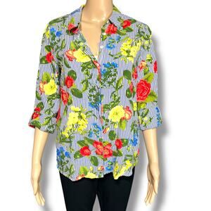 Peck&Peck Womens Button Down Shirt Blouse Top Striped Floral Print Medium